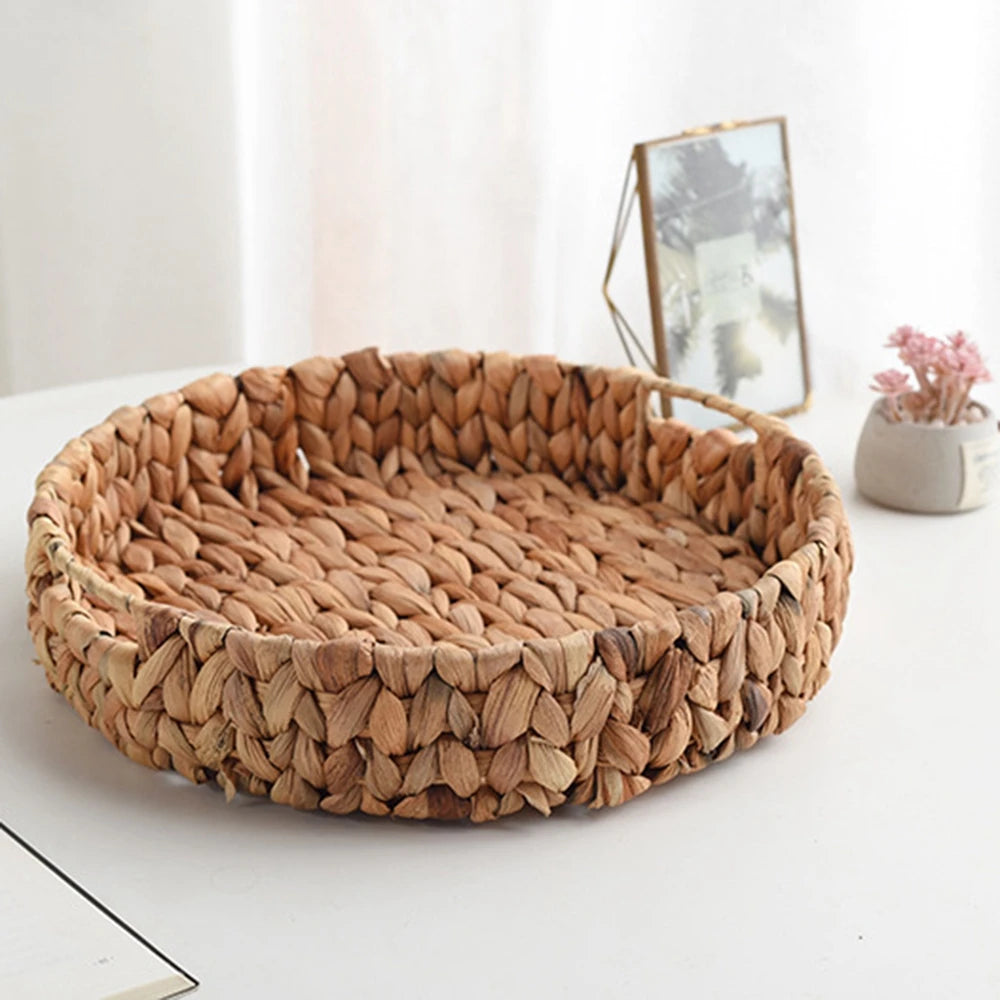 28/33/37cm Round Basket Tray with Handle Natural Woven Fruit Vegetable Storage Tray Grass Weaving Storage Baskets Serving Trays