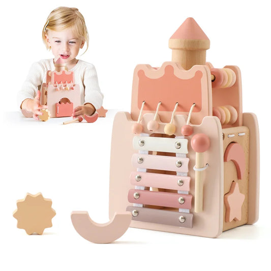 Montessori Toys Baby Wooden Castle Pink House Blocks Toys Puzzle Game Early Education Accessories Multifunctional Toy Baby Gifts