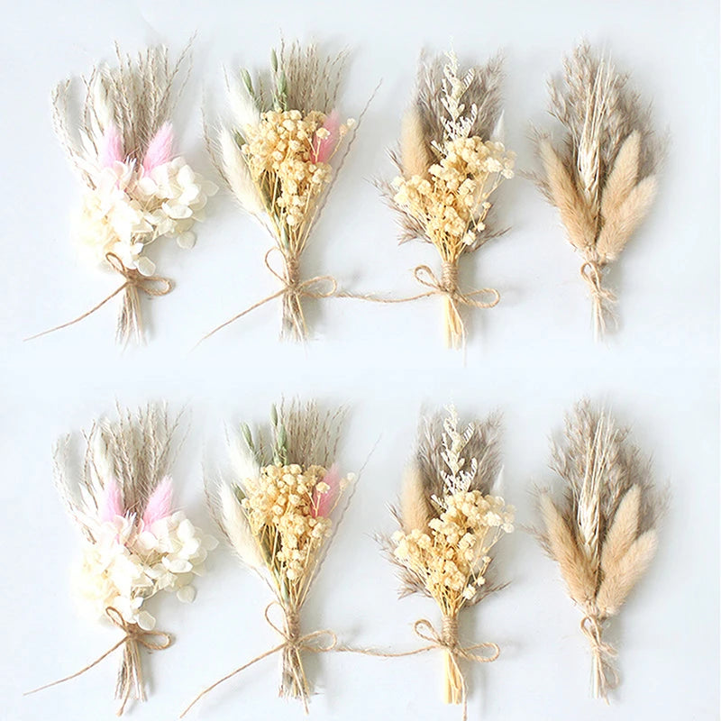 1pc Mini Natural Dry Flowers Bouquet Boutonnieres Groomsmen Buttonholes Bridesmaid Flower Corsage Brooch Christmas Wedding Decor