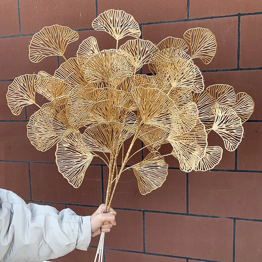 1PC Three-pronged Fan Leaf Netting Artificial Gold Ginkgo Eucalyptus Holly For Wedding Arch Flower Arrangement Home Decor Crafts