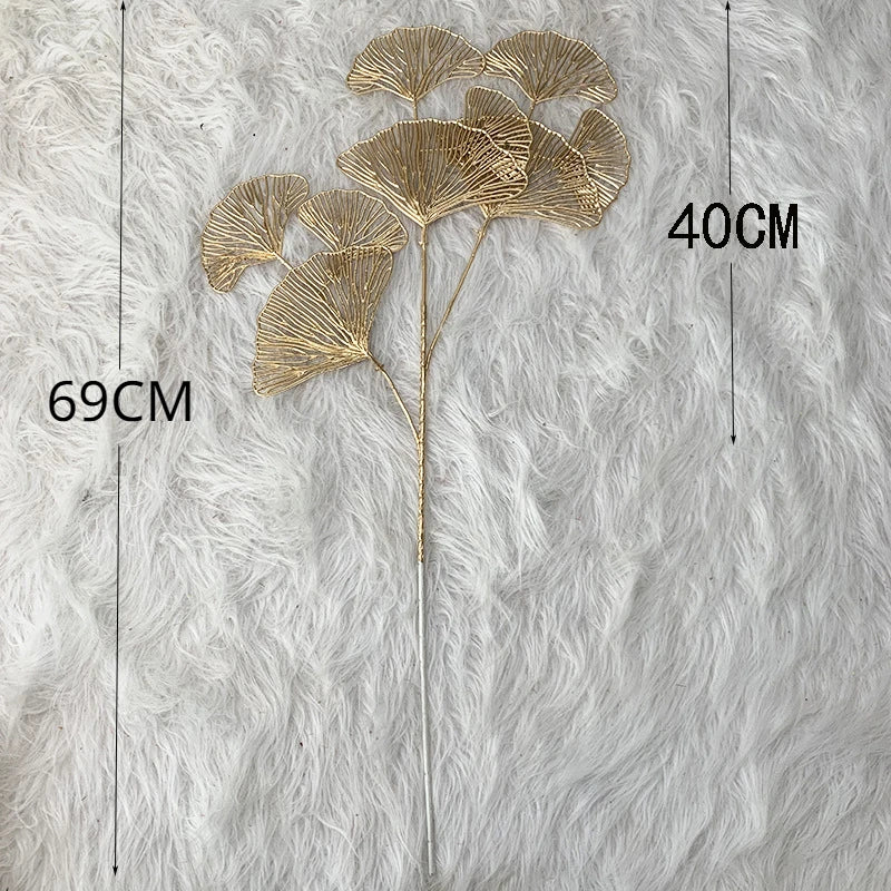 1PC Three-pronged Fan Leaf Netting Artificial Gold Ginkgo Eucalyptus Holly For Wedding Arch Flower Arrangement Home Decor Crafts