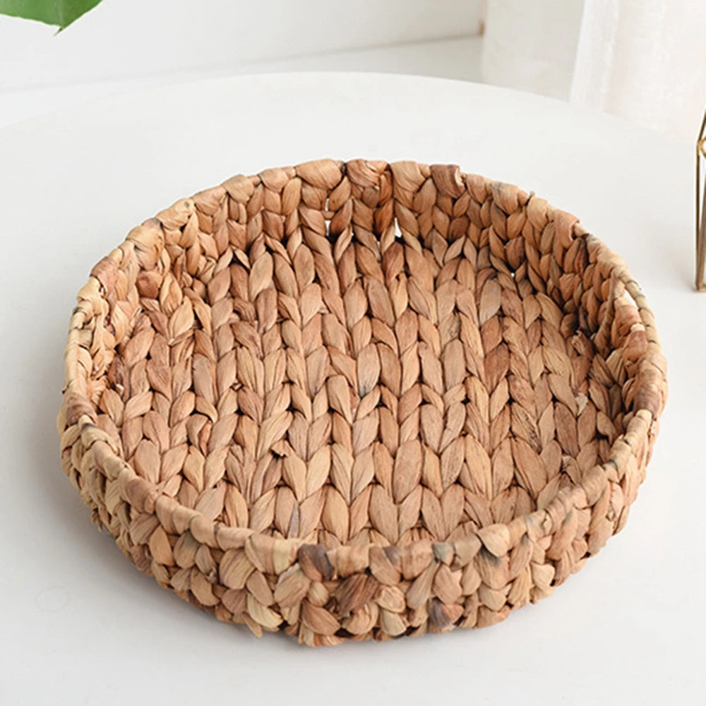 28/33/37cm Round Basket Tray with Handle Natural Woven Fruit Vegetable Storage Tray Grass Weaving Storage Baskets Serving Trays