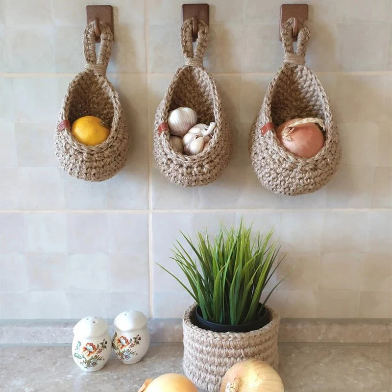 1PC Hand-woven Basket Wall Kitchen Hanging Net Pocket Cotton Rope Water Drop Fruit Vegetable Storage Basket Home Organizer Tools