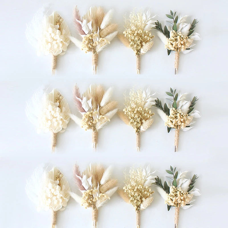 1pc Mini Natural Dry Flowers Bouquet Boutonnieres Groomsmen Buttonholes Bridesmaid Flower Corsage Brooch Christmas Wedding Decor