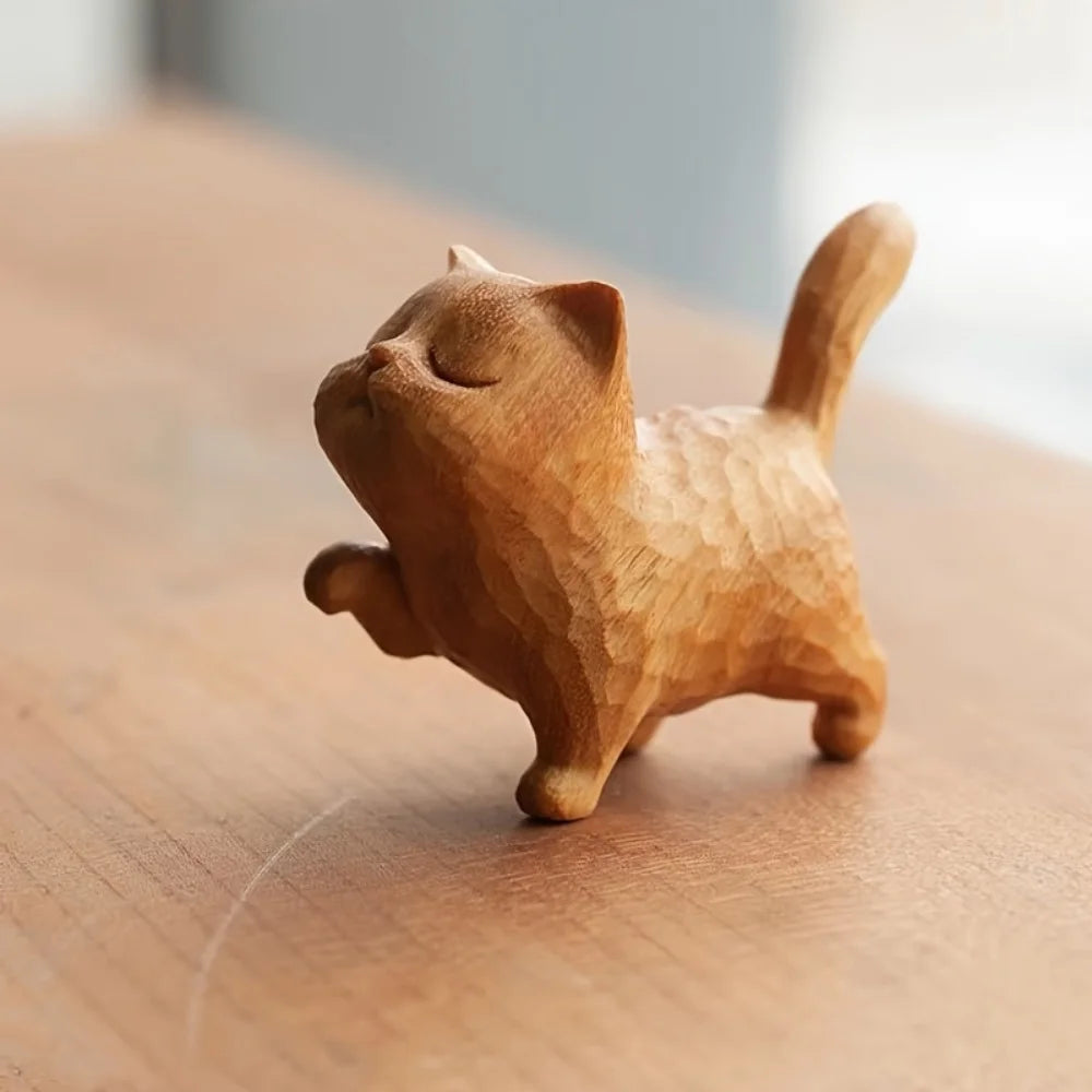 Hand-carved Wooden Cat, Wooden Cat Sculpture Collection Figurine Decoration, Desk Decoration  Boxwood carving kitten