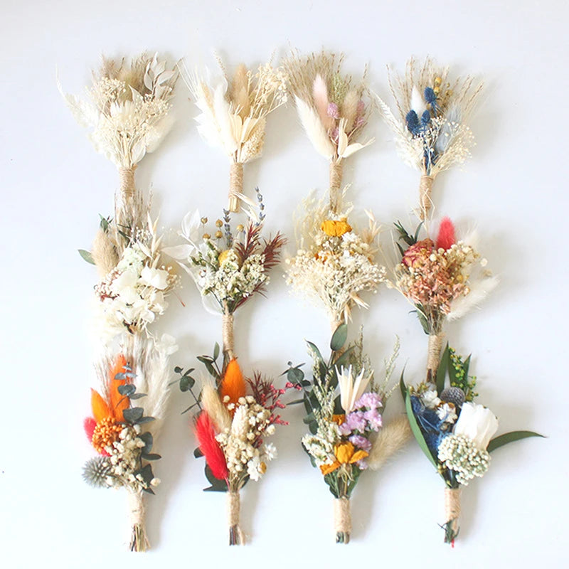 1pc Mini Natural Dry Flowers Bouquet Boutonnieres Groomsmen Buttonholes Bridesmaid Flower Corsage Brooch Christmas Wedding Decor