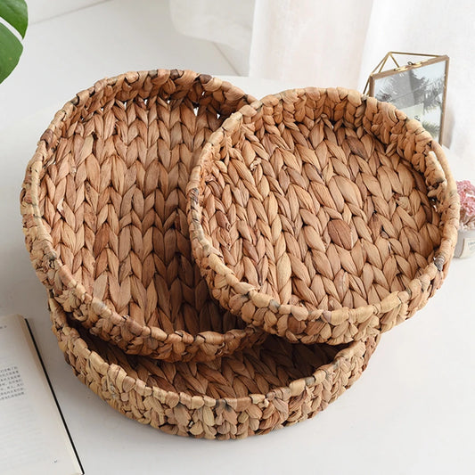 28/33/37cm Round Basket Tray with Handle Natural Woven Fruit Vegetable Storage Tray Grass Weaving Storage Baskets Serving Trays