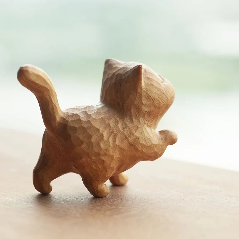 Hand-carved Wooden Cat, Wooden Cat Sculpture Collection Figurine Decoration, Desk Decoration  Boxwood carving kitten